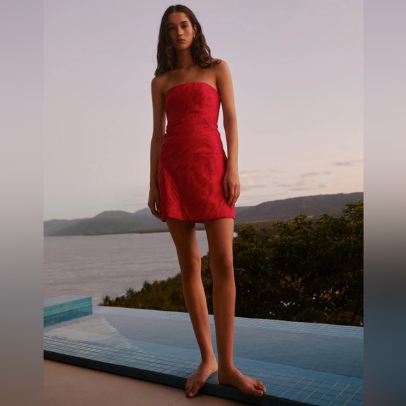 Aje Anima Ruched Red Strapless Pleated Mini Formal Dress AU 10 US Medium - Picture 1 of 16
